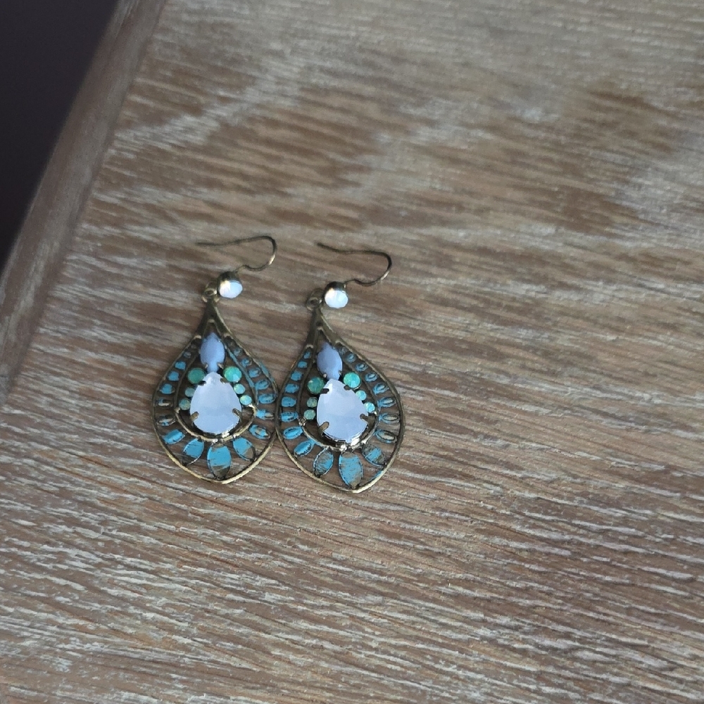 Gold Teardrop Earrings with White and Turquoise Accents